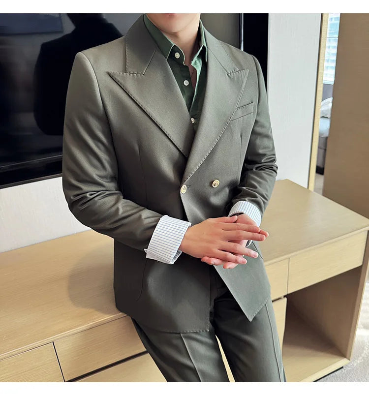 Korean Style Double Breasted Suit Jacket for Men Fashion Casual Business Suit Jackets Office Social Banquet Blazer Masculino