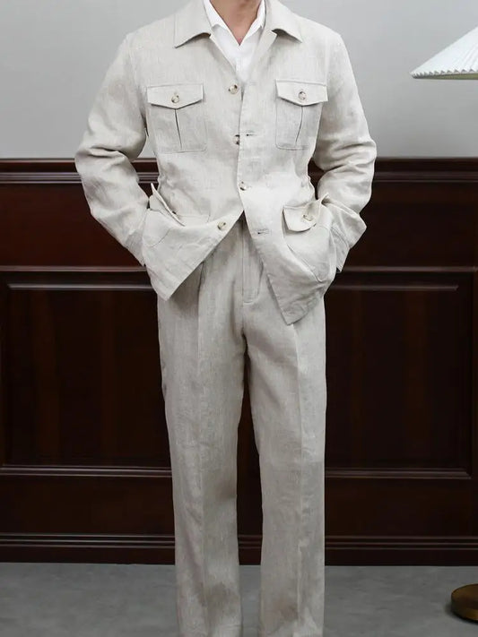 Men's Linen Suit Set Single Breasted Vintage Style Solid Color Summer Formal Outfit