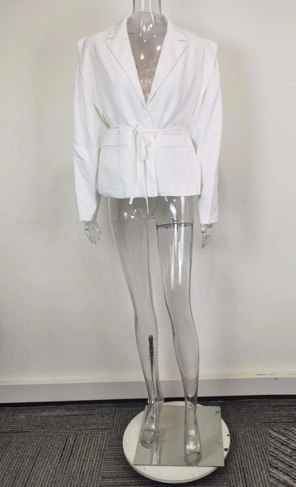 Spring Autumn Fashion Women's Pure Color Belted Shoulder Pad Suit Coat Commute Style Loose Fit Long Sleeve Regular Length