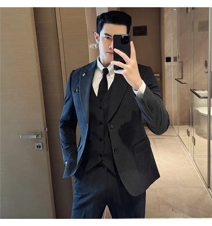 Men's 3 Piece Suit Set Double‑Button Solid Color Slim Fit Business Casual Wedding Banquet Party Jacket Vest Pants Formal Outfit