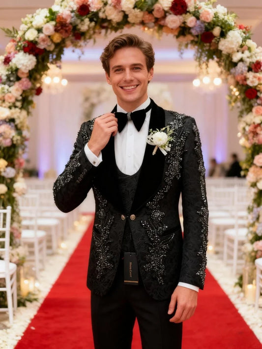 Black Embroidery Beaded Suit Set 3 Pieces For Men Business Party Outfit Handsome Shawl Lapel Men's Suits Wedding Groom Sets