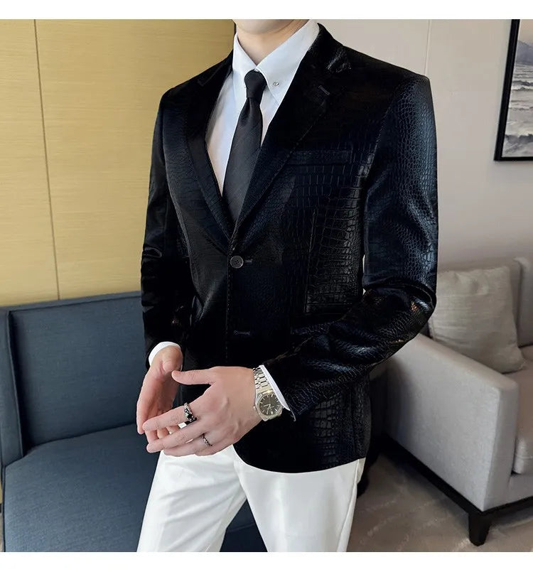 2026 Crocodile Patterned Leather Suit Jacket Men Slim Fit Business Casual Leather Jacket Wedding Groom Party Work Men Blazers