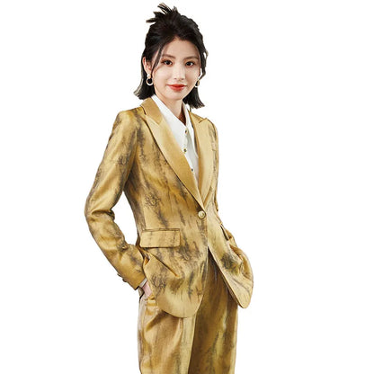 Women Golden Black Formal Pant Suit Autumn Female Tie-dye Blazer and Trouser 2 Piece Set For Office Ladies Winter Work Wear