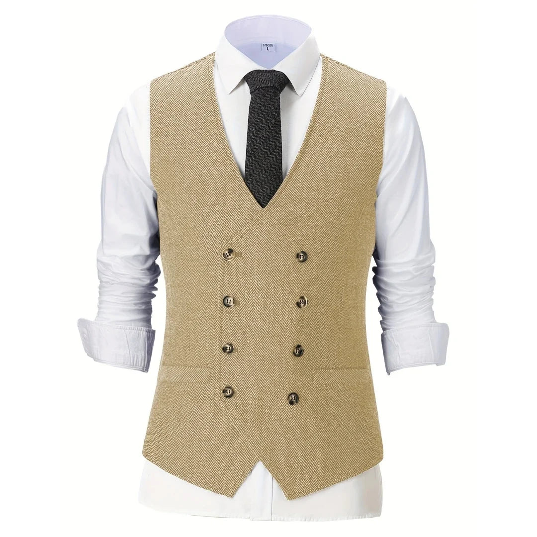 Men Vest Champagne Herringbone Double Breasted V-Neck Waistcoat for Wedding & Business