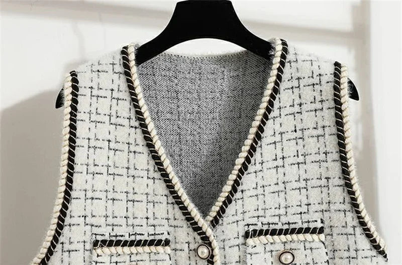Women V-neck Tweed Sleeveless Vest Female Splicing Together Waistcoat Top Autumn Lady Lmitation Mink Fur Vest Jacket