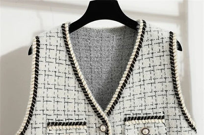 Women V-neck Tweed Sleeveless Vest Female Splicing Together Waistcoat Top Autumn Lady Lmitation Mink Fur Vest Jacket