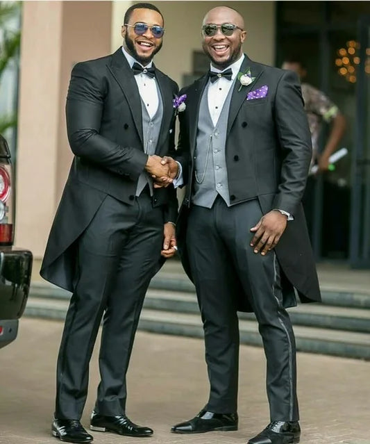 Latest Design Black Tailcoat Style Groom Tuxedos Peak Satin Lapel Men Suits Wedding Best Man 3 Pieces Costume Homme