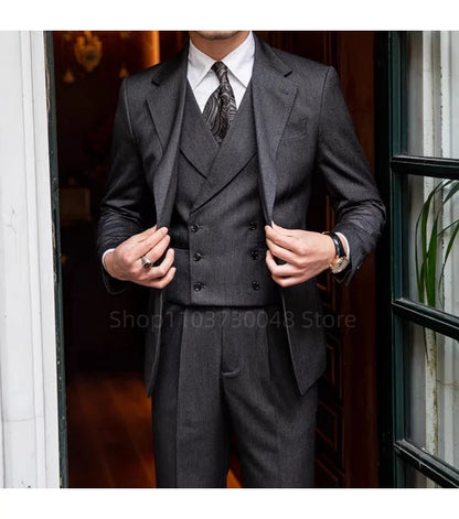 Elegant Dark Gray Men's Suits Gentleman Business British Suits Set Banquet Host Casual Wedding Business Suits(Blazer+Vest+Pants)