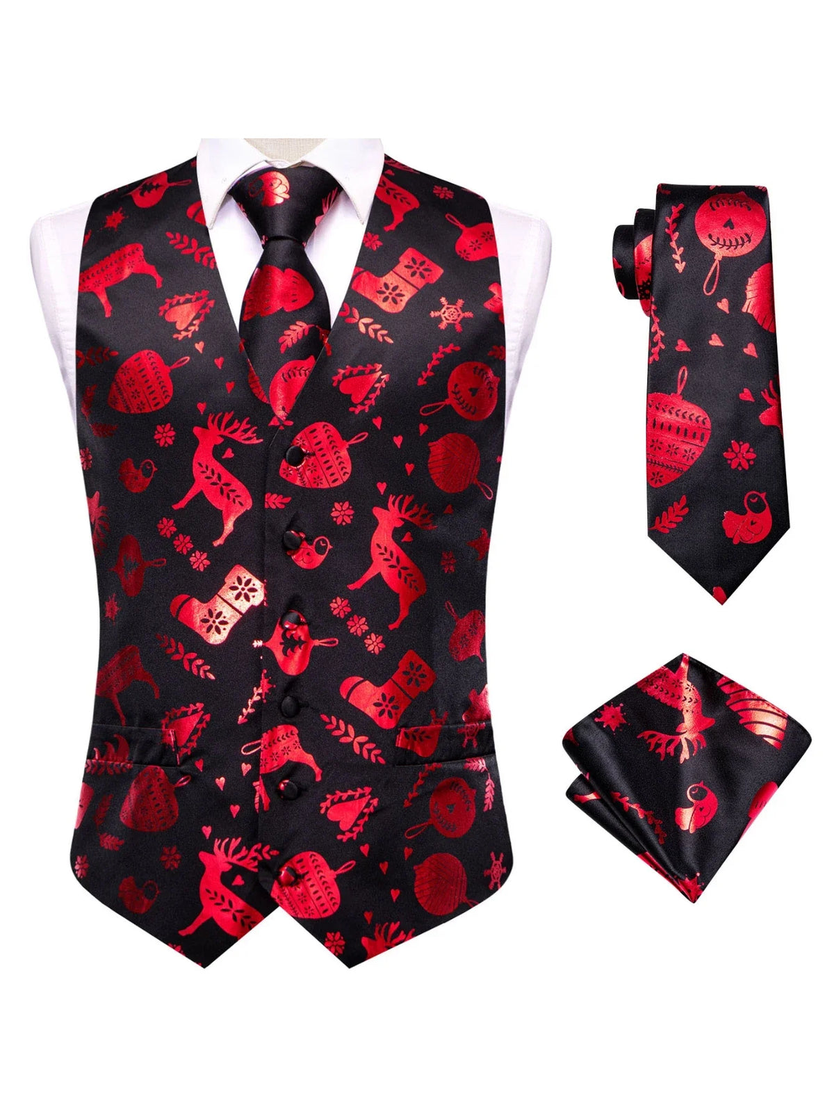 Men's Christmas Print Vest 3-Piece Set with Tie and Pocket Square for Holiday Parties