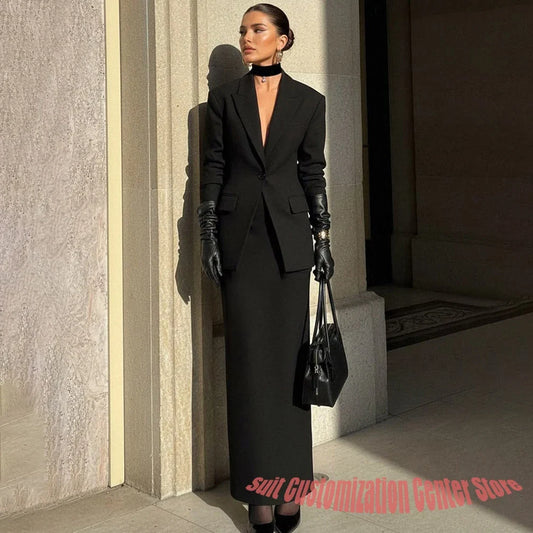 Sharp Black Women's Suit Single Breasted Jacket Maxi Skirt 2 Piece Set Formal Evening Party Elegant Outfit Office Business Wear