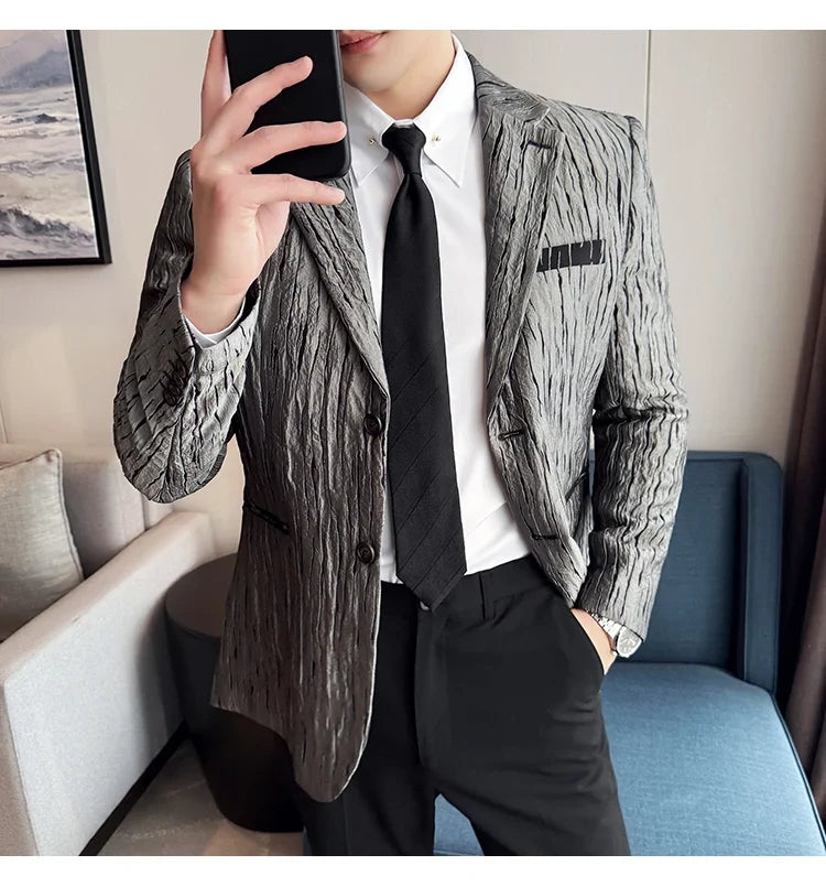 Korean Trend 3D Pleated Suit Jacket for Men Wedding Groom Business Dress Jacket Casual Banquet Party Host Blazer Masculino