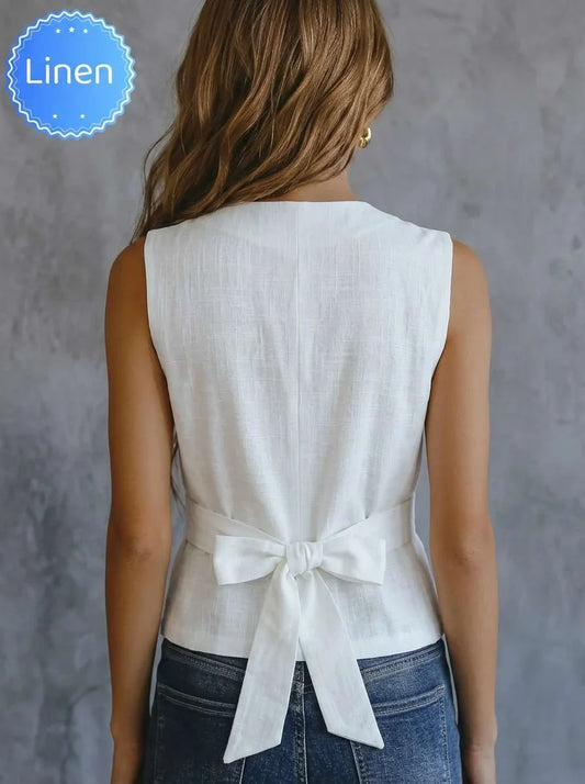 Spring, Summer & Autumn New Arrival Linen Minimalist Elegant Vest Gilet, Unique Metal Buttons & Back Tie Waist Cincher Design