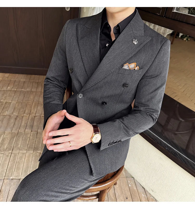 (Blazer + Trousers) Fashion Double Breasted Design Slim Men's Suit Italian Style Luxury Wedding Social Party Tuxedo 2 Piece Set