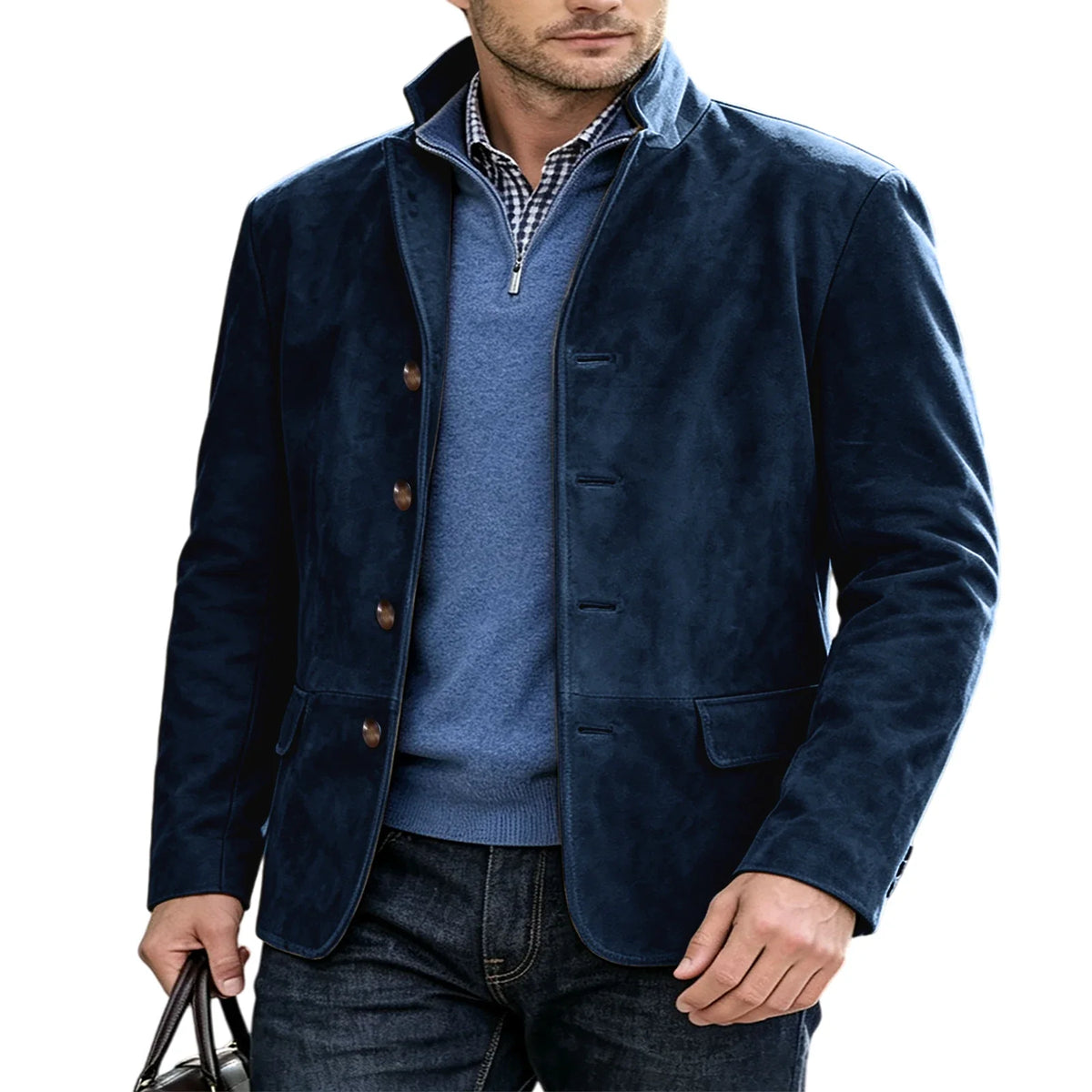 Men's Suede Blazer Single Breasted Slim Fit Classic Stand Collar Suit Jacket for Weddings & Daily Wear