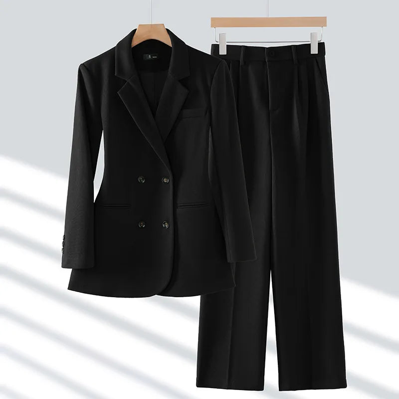 Autumn Winter 2024 New Apricot Coffee Black Elegant Double Breasted Blazer Top And Women High Waist Wide Leg Pant Two Piece Set