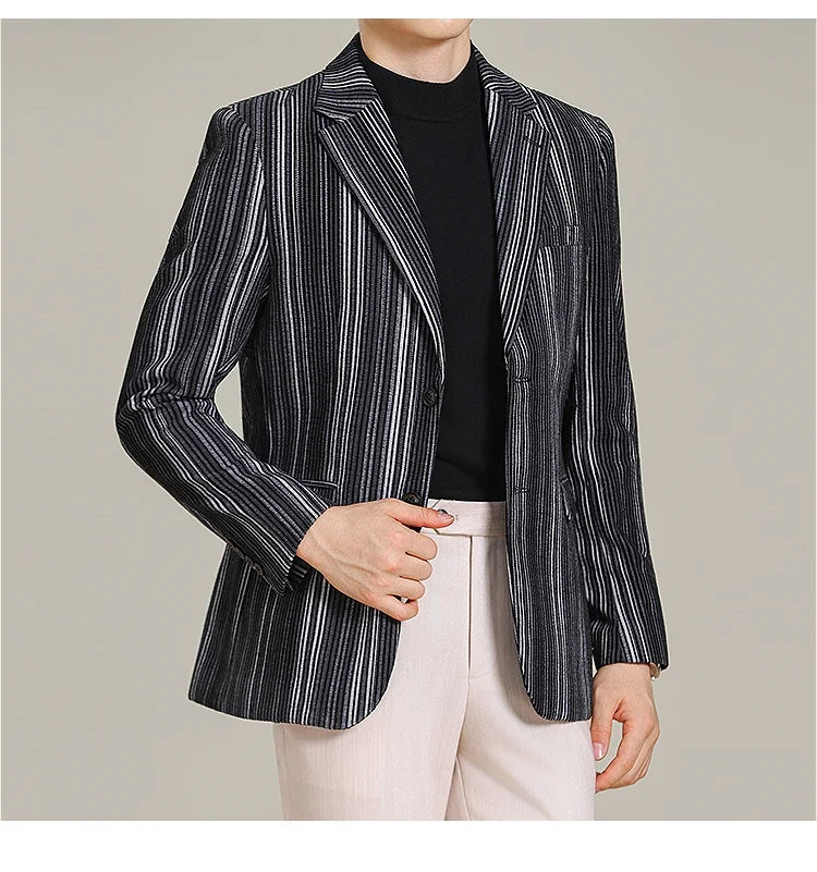 2025 Autumn Winter Velvet Striped Fashion Casual Suit Jacket Slim Fit Versatile Business Blazers Social Wedding Groom Dress Coat