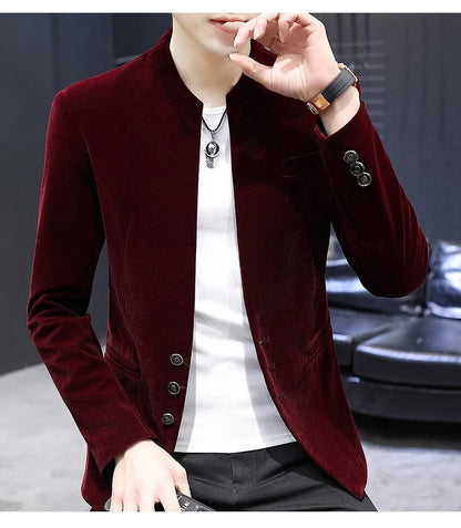 Slim Fit Velvet Yuan Collar Shirt Korean Style Fashion Trend Handsome Canary Boutique Coat New Version Small Yuan Collar Suit