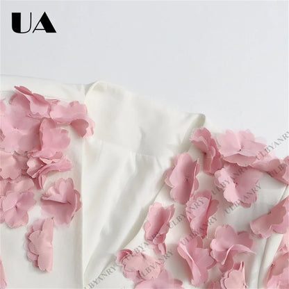 White Wrap Blazer with 3D Pink Floral Appliqué and Tie Waist for Wedding Garden Party Ethereal Romantic Outfit