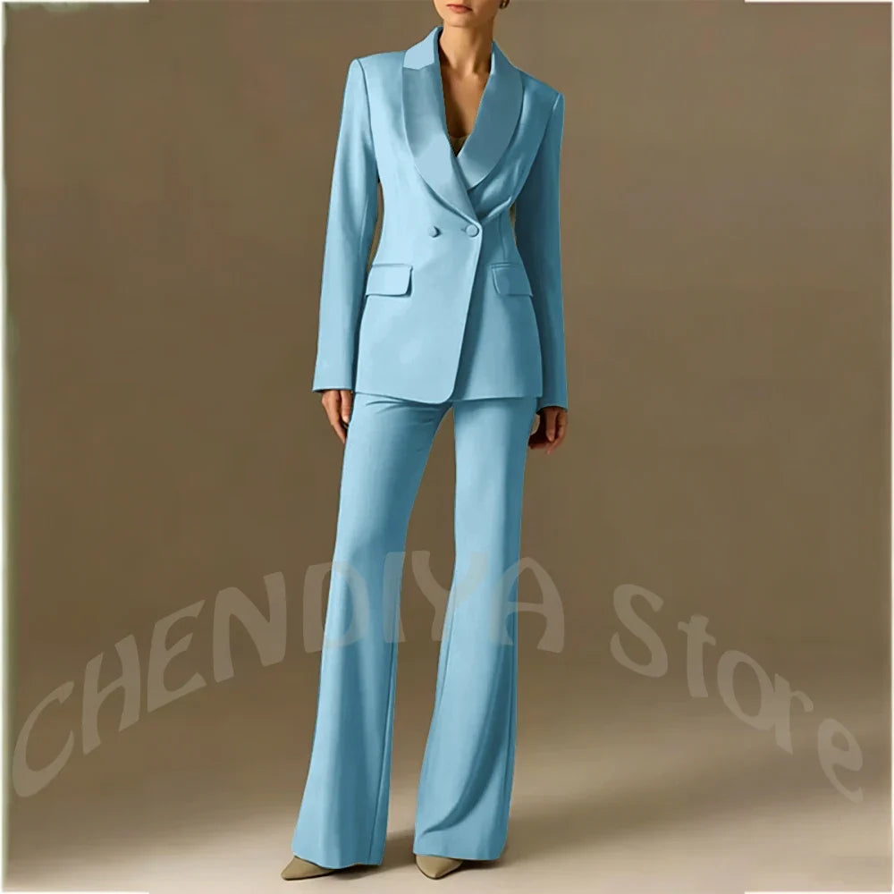 Classic Shawl Lapel Suit For Women Elegant Double Breasted Outfit Solid Color Two Piece Straight Modern Style Office Wear