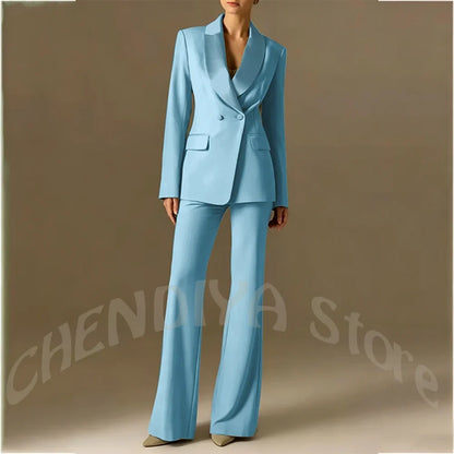 Classic Shawl Lapel Suit For Women Elegant Double Breasted Outfit Solid Color Two Piece Straight Modern Style Office Wear
