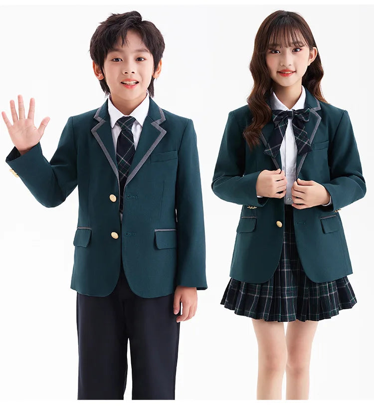 Boys Green Blazers Pants School Uniform Girls Jacket Skirt Shirt Tie Suits Kids Formal Dress Tuxedo Children Student Clothes Set