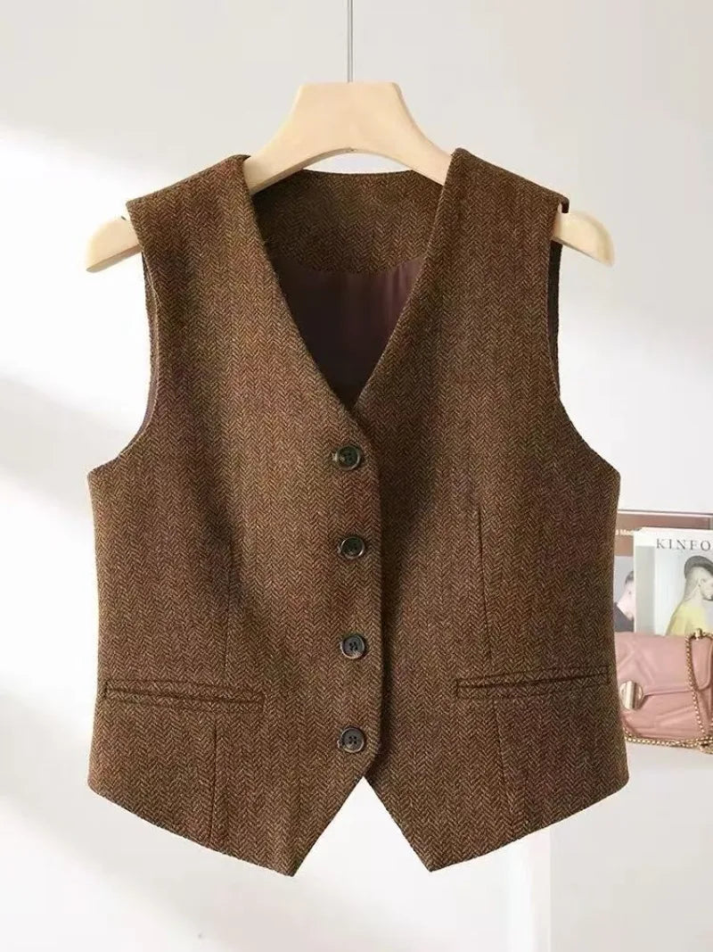 2025 British Style Retro Suits Vests Spring Autumn V-neck Herringbone Pattern Women's Sleeveless Jacket New Blazers Waistcoat