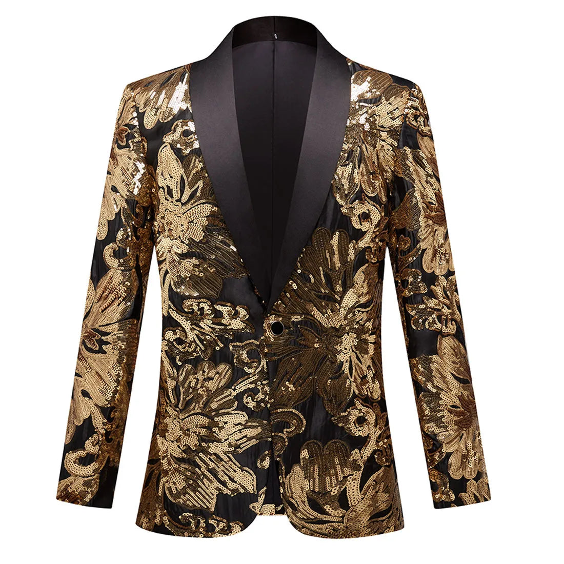 Men's Luxury Gold Sequins Suit Jacket Shawl Lapel Slim Wedding Party Blazers Bar Stage Singer Concert Glitter Tuxedo Dress Coat
