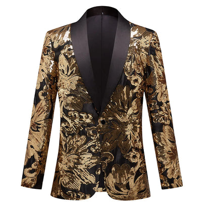 Men's Luxury Gold Sequins Suit Jacket Shawl Lapel Slim Wedding Party Blazers Bar Stage Singer Concert Glitter Tuxedo Dress Coat