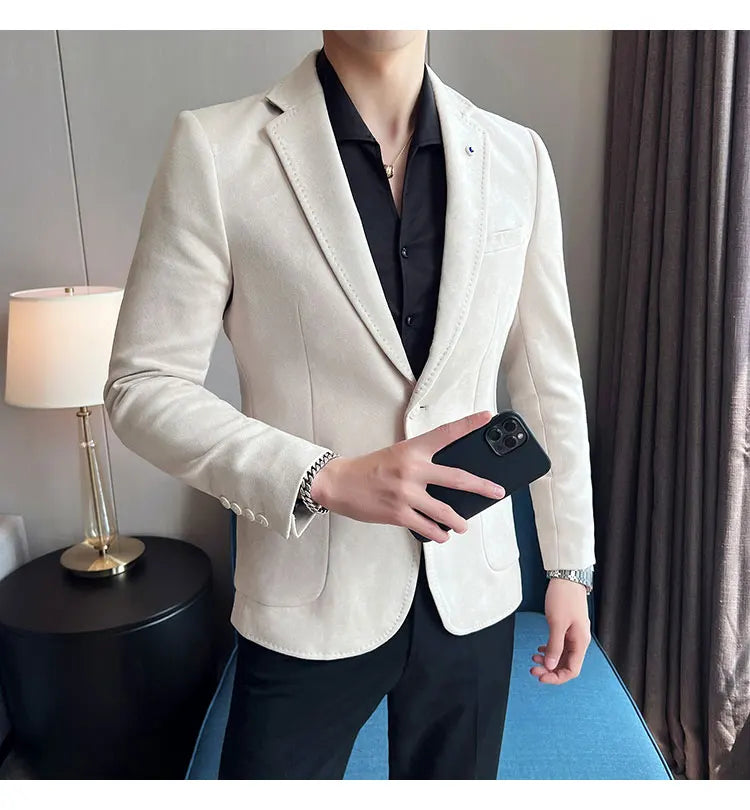 British Style Autumn Suede Business Casual Suit Jacket for Men High Quality Social Office Blazers Wedding Groom Dress Coats