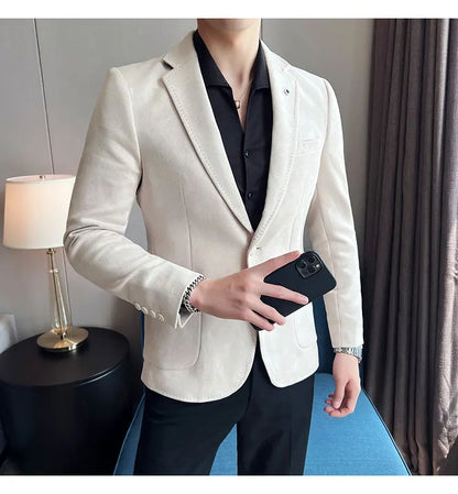 British Style Autumn Suede Business Casual Suit Jacket for Men High Quality Social Office Blazers Wedding Groom Dress Coats