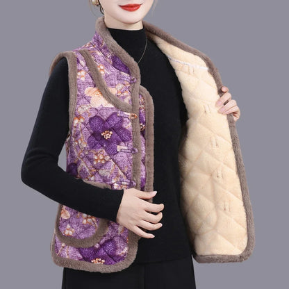 Middle-aged Mother Add Velvet Warm Vest Coat Autumn Winter New Printed Fleece Sleeveless Jacket Grandma Thicken Warm Waistcoat