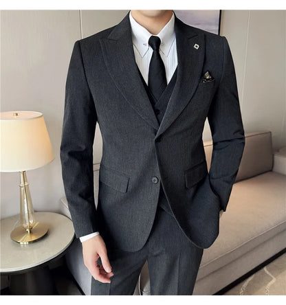 Men's 3 Piece Suit Set Double‑Button Solid Color Slim Fit Business Casual Wedding Banquet Party Jacket Vest Pants Formal Outfit