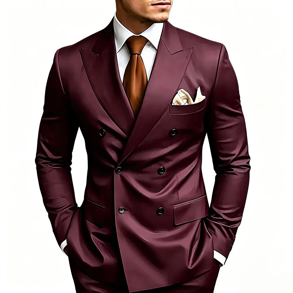 High Quality Brown Men Suits Double Breasted Bespoke Wedding Suit Peaked Lapel Formal Blazer Slim Fit  Groom Dress