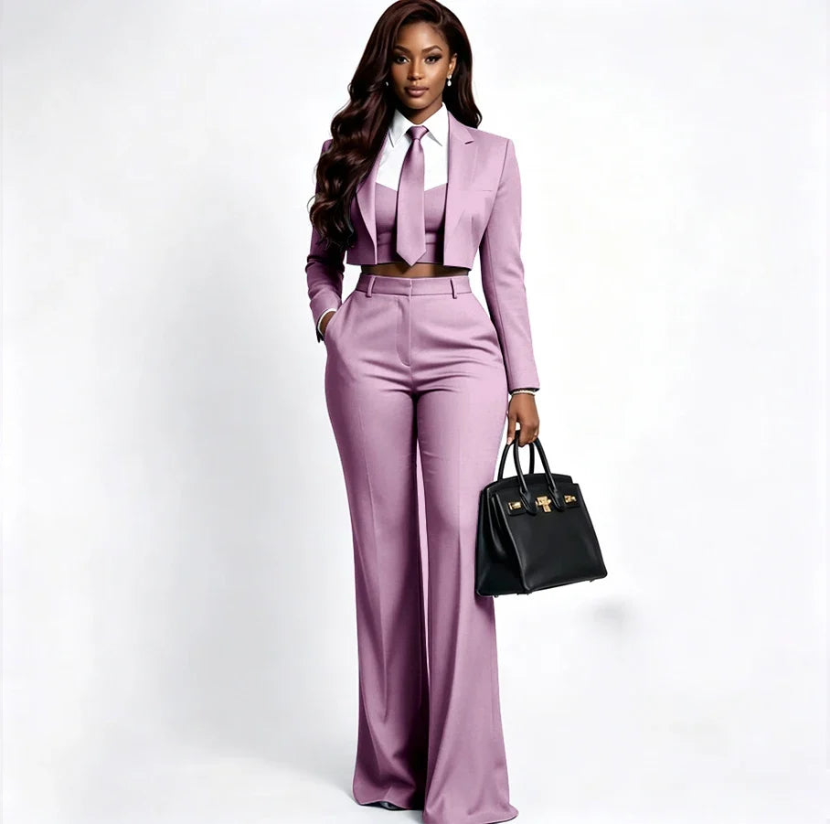 Sharp Women's Burgundy Suit Tailored Cropped Jacket+Wide Leg Pants 2 Piece Set Formal Evening Party Female Clothing