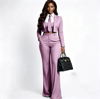 Sharp Women's Burgundy Suit Tailored Cropped Jacket+Wide Leg Pants 2 Piece Set Formal Evening Party Female Clothing