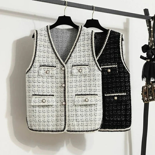 Women V-neck Tweed Sleeveless Vest Female Splicing Together Waistcoat Top Autumn Lady Lmitation Mink Fur Vest Jacket