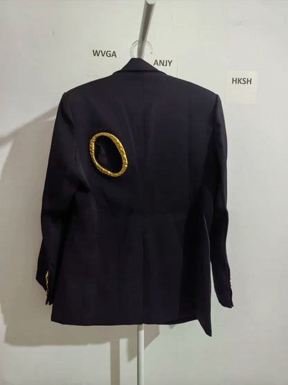Women Blazer Elegant Fashion Metal Hollow Out Design Long Sleeve Loose Versatile Trendy Suit-Coat Spring Autumn New HK26606