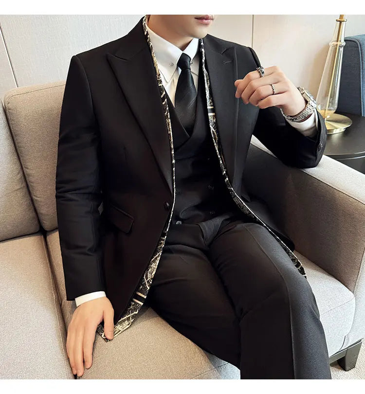 Double Collar Suit Set 3 Pieces Business Formal Casual Suits Vest Trousers Office Work Party Prom Wedding Groomsmen Clothing