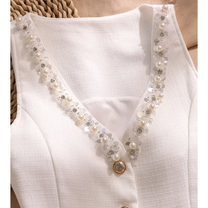 White Suspender Vest For Women Summer New Short Slim Thin Versatile Vest Elegant Beading Cardigan Sleeveless Blazer Waistcoat