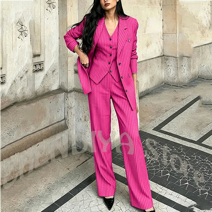 Tailor-Made Striped Suit For Women High Quality Peaked Lapel Single Breasted Three Piece Business Office Lady Formal Outfit