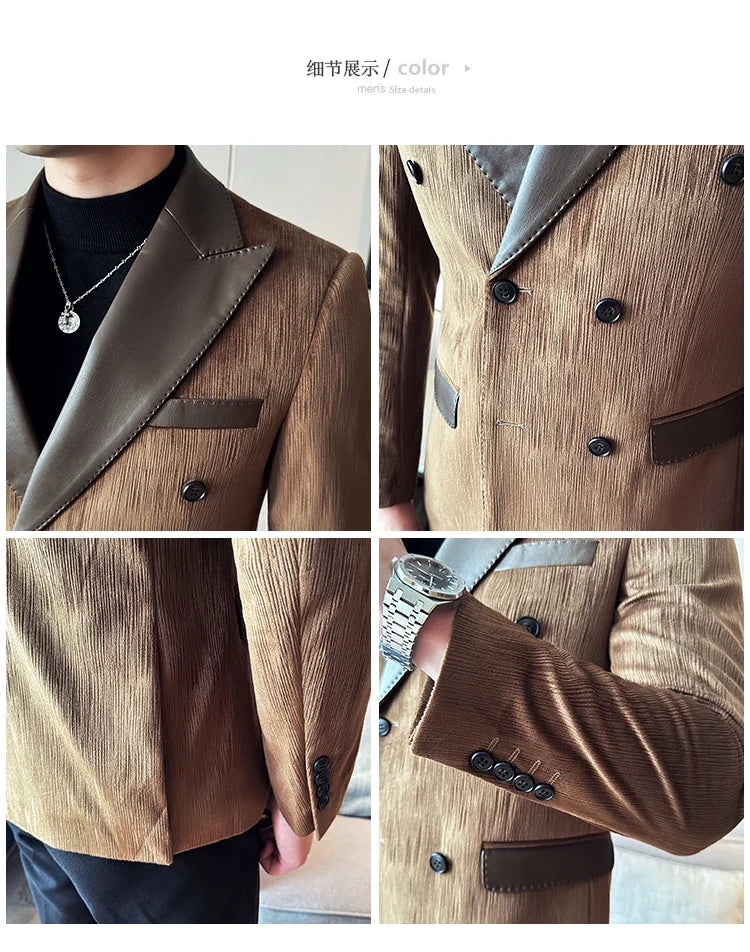British Style Luxury Men Double Breasted Suit Jacket High Quality Fashion PU Leather Neck Spliced Coats Groom Social Party Dress
