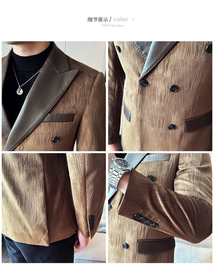 British Style Luxury Men Double Breasted Suit Jacket High Quality Fashion PU Leather Neck Spliced Coats Groom Social Party Dress