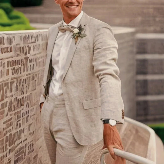 Costume Homme Décontracté 2 Pièces en Lin Beige Revers Cranté Coupe Slim Blazer Pantalon Ensemble pour Mariage sur la Plage d'Été, Bal de Promo