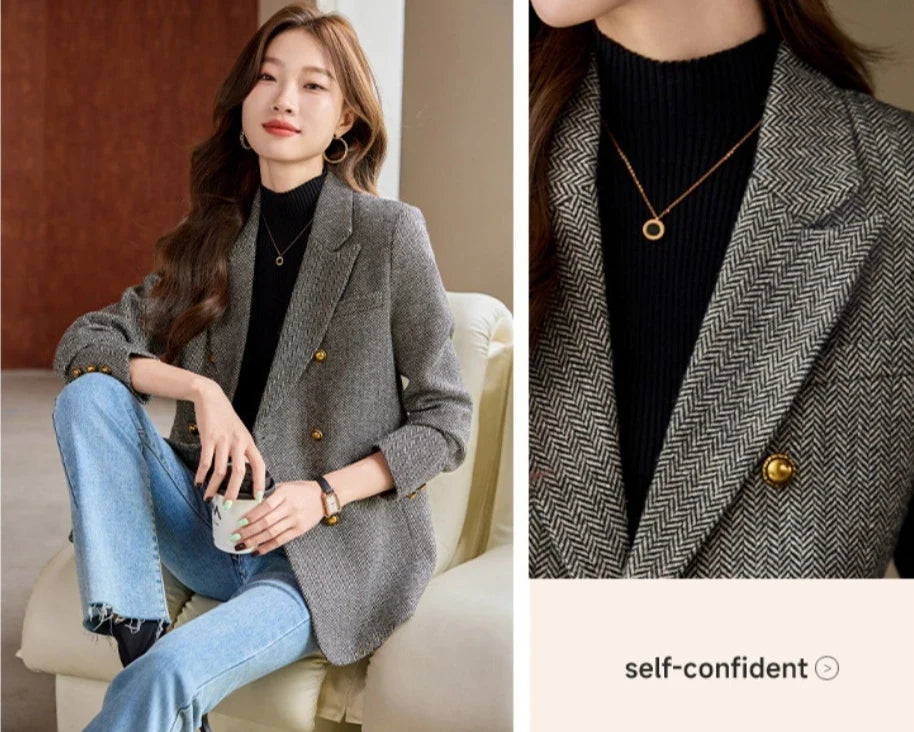 Fashion Grey Blazer Women Coffee Long Sleeve Casual Jacket for Autumn Winter Female Coats Double-Breasted Suit Women’s Clothing