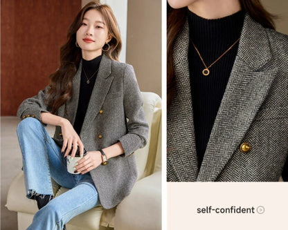 Fashion Grey Blazer Women Coffee Long Sleeve Casual Jacket for Autumn Winter Female Coats Double-Breasted Suit Women’s Clothing