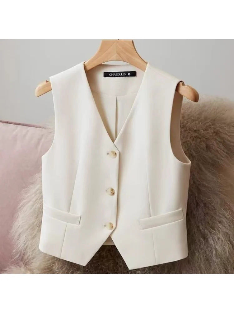 Blazers Vests Women Simple Single Breasted V-neck Sleeveless Coats Daily Outwear Aesthetic Korean Slim All-match Office Lady New