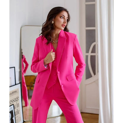 Rose Solid Woman Suits 3 Piece Fashion Notch Lapel Single Breasted Formal Casual Office Lady Pants Sets (Blazer+Vest+Pants)
