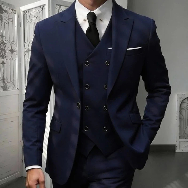 Men's Classic 3-Piece Suit Set - Slim Fit Notched Lapel Blazer with Vest & Pants, Versatile Formal Outfit for Business & Events