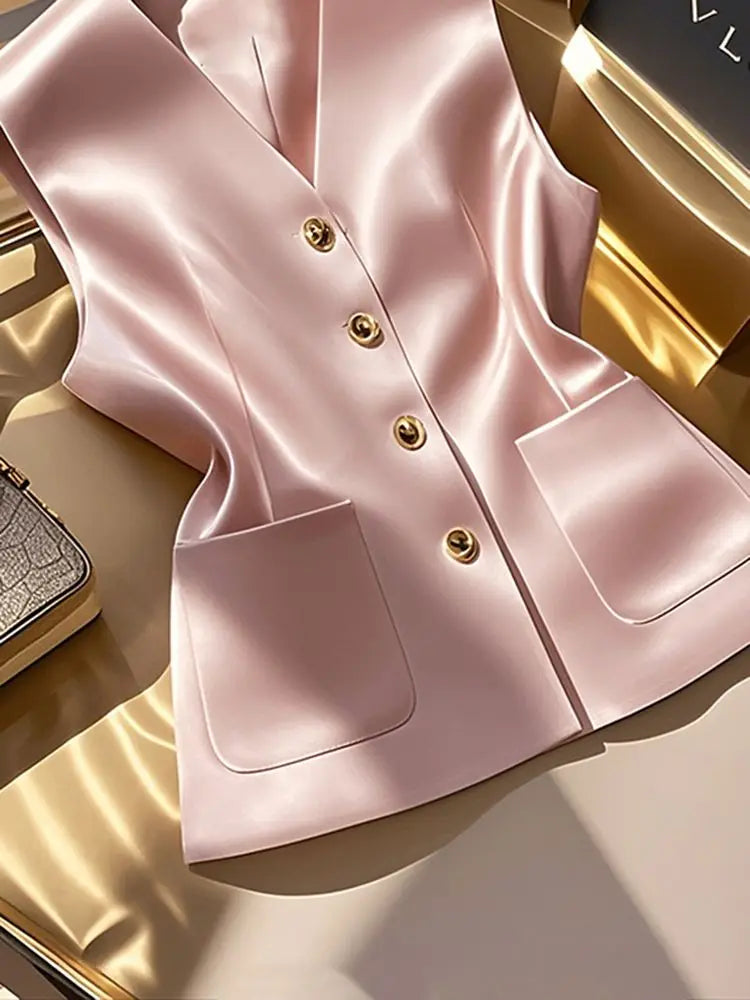 Elegant Pink Satin Waistcoat Vest For Women V‑neck Sleeveless Blazer Vest Pockets Slim Office Business Formal Lady Outerwear Top