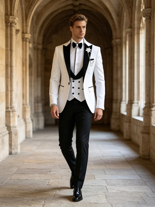 High Quality White 3 Piece Men's Suit Slim Fit Elegant Blazer Vest Pants Set for Business Office Wedding Dinner Prom Formal Outf